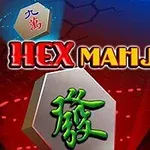 Hexagonale brikker med kinesiske tegn og ordet Hex Mahjong i fargerik tekst vises mot en rød og blå bakgrunn