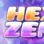 Teksten HEX ZEN i store, fargerike bokstaver med en bakgrunn av fargerike sekskanter i blå- og lillatoner