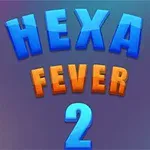 Blå og oransje tekst Hexa Fever 2 på en gradert bakgrunn