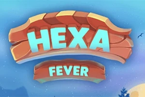 Teksten Hexa Fever i lyseblå bokstaver på en rød bakgrunn med en blå himmel med fugleillustrasjoner i bakgrunnen