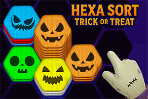 Hexa Sort Trick or Treat Stable brikker med halloween-ansikter i forskjellige farger ved siden av en hånd med et sår under tekst som sier Hexa Sort Trick or Treat
