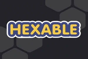 Teksten HEXABLE står i gule bokstaver med blå kant på en bakgrunn av sekskantede former