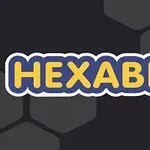Teksten HEXABLE står i gule bokstaver med blå kant på en bakgrunn av sekskantede former