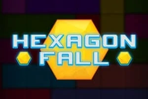 En fargerik bakgrunn med teksten HEXAGON FALL i blå bokstaver over en gul sekskant