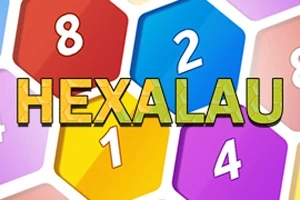 Fargerike sekskantede brikker med tall og ordet HEXALAU i sentrum