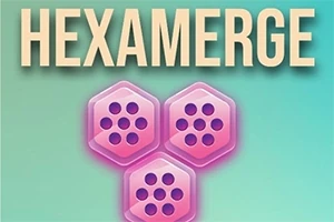 Teksten HEXAMERGE i store bokstaver over tre sekskantede, rosa fliser med mørke prikker på en lys blågrønn bakgrunn