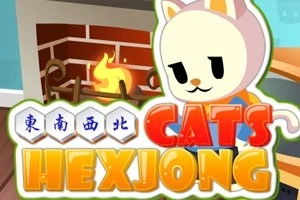 En tegnet katt i et rom med peis og teksten Cats Hexjong