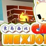 En tegnet katt i et rom med peis og teksten Cats Hexjong