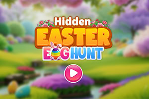 Fargerik påskeillustrasjon med teksten Hidden Easter Egg Hunt over en frodig vårlandskap, med blomster og et vannløp