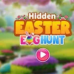 Fargerik påskeillustrasjon med teksten Hidden Easter Egg Hunt over en frodig vårlandskap, med blomster og et vannløp