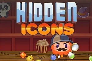 Tegnet figur med bart og forstørrelsesglass foran teksten Hidden Icons med flere fargerike ikoner og gjenstander i bakgrunnen