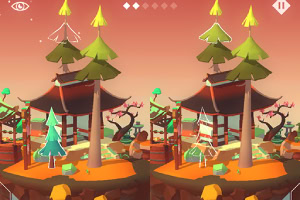 To parallelle bilder av en fargerik, polygonal scene med et lite japansk-inspirert hus omgitt av trær og natur under en rosa himmel