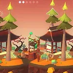 To parallelle bilder av en fargerik, polygonal scene med et lite japansk-inspirert hus omgitt av trær og natur under en rosa himmel
