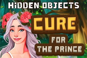 Illustrasjon av en hvithåret kvinne med blomsterkrans og teksten Hidden Objects: Cure for the Prince i en skogsetting