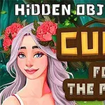 Illustrasjon av en hvithåret kvinne med blomsterkrans og teksten Hidden Objects: Cure for the Prince i en skogsetting