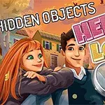 En illustrasjon av en kvinne med rødt hår og en mann som smiler, med teksten Hidden Objects og Hello Love samt et forstørrelsesglass