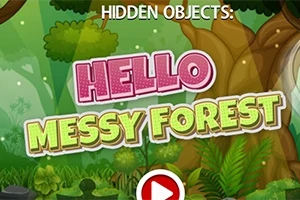 Fargerik tegneserieskog med teksten Hello Messy Forest over et spillstartikon
