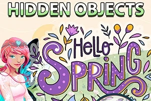 Tegning av en kvinne med rosa hår ved siden av teksten Hello Spring i fargerike bokstaver med blomsterdekorasjoner rundt
