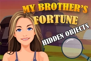 Tegneserieillustrasjon av en smilende kvinne med langt hår foran en landskapsbakgrunn, med teksten My Brother’s Fortune og Hidden Objects i gull og hvitt