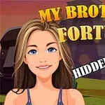 Tegneserieillustrasjon av en smilende kvinne med langt hår foran en landskapsbakgrunn, med teksten My Brother’s Fortune og Hidden Objects i gull og hvitt