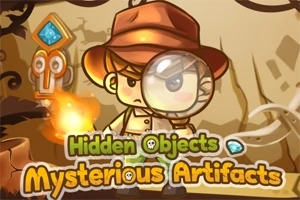 En tegnet karakter med hatt og forstørrelsesglass står i et eventyrlig landskap med teksten Hidden Objects Mysterious Artifacts foran