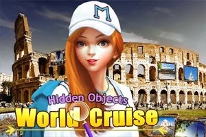 En animert kvinne med langt rødt hår og hvit cap står foran en collage med Colosseum i bakgrunnen, med fargerik tekst Hidden Objects World Cruise i forgrunnen
