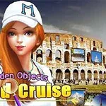 En animert kvinne med langt rødt hår og hvit cap står foran en collage med Colosseum i bakgrunnen, med fargerik tekst Hidden Objects World Cruise i forgrunnen