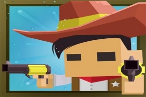 Tegnet figur med cowboyhatt som peker en pistol mot betrakteren, mot en blå bakgrunn