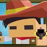 Tegnet figur med cowboyhatt som peker en pistol mot betrakteren, mot en blå bakgrunn