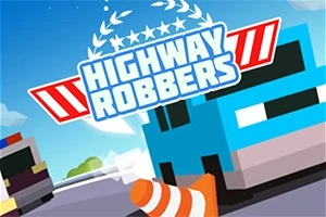 Illustrasjon av en tegneseriestil bil kjørescene med teksten Highway Robbers i sentrum, omgitt av en blå bil, oransje trafikkjegler og en politibil i bakgrunnen