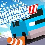 Illustrasjon av en tegneseriestil bil kjørescene med teksten Highway Robbers i sentrum, omgitt av en blå bil, oransje trafikkjegler og en politibil i bakgrunnen