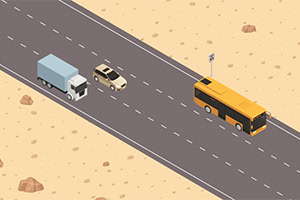 En isometrisk illustrasjon av en lastebil, en bil og en buss som kjører på en vei i et ørkenlandskap