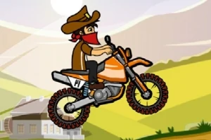 En tegnet karakter med cowboyhatt og rødt skjerf kjører en oransje motorsykkel i et landskap med hus og åser i bakgrunnen