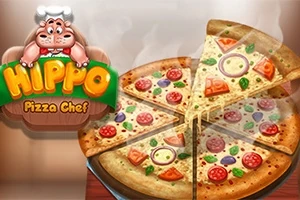 En pizza med ulike grønnsaker og pepperoni, og en tegnet flodhestkock med teksten Hippo Pizza Chef