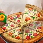 En pizza med ulike grønnsaker og pepperoni, og en tegnet flodhestkock med teksten Hippo Pizza Chef