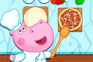 En tegnet, rosa flodhestkokk med kokkelue lager pizza på et kjøkkenbord