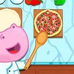 En tegnet, rosa flodhestkokk med kokkelue lager pizza på et kjøkkenbord