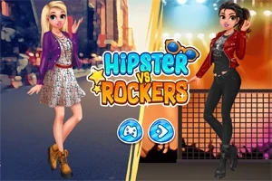 To stilige figurer, en hipsterkledd med blomstrete kjole og en rockerkledd med skinnjakke, poserer på hver sin side av teksten Hipster vs Rockers