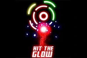 Lysende røde, grønne og blå sirkler med en lysende rød kul og teksten Hit the Glow på en svart bakgrunn