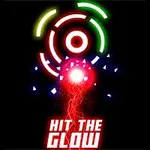 Lysende røde, grønne og blå sirkler med en lysende rød kul og teksten Hit the Glow på en svart bakgrunn