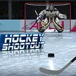 En ishockeyspiller forbereder seg på å skyte en puck mot en målvakt foran et mål, med teksten Hockey Shootout og en blå spilleknapp i hjørnet