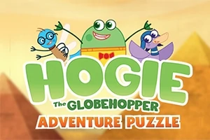Tegneseriefigurer med tittelen Hogie the Globehopper Adventure Puzzle over en bakgrunn av pyramider