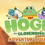 Tegneseriefigurer med tittelen Hogie the Globehopper Adventure Puzzle over en bakgrunn av pyramider