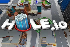 Hole.io Hull i byen med store 3D-bokstaver og bygninger rundt