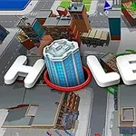 Hole.io Hull i byen med store 3D-bokstaver og bygninger rundt