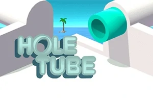 Teksten HOLE TUBE står foran et hvitt og blått landskap med en grønn rørstruktur og en palme i bakgrunnen