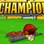 En rød hjelm, en baseballhanske, en balltre og en baseball ligger på en grønn gressmatte under en stor gul overskrift i et stadionmiljø
