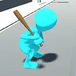 En blå, stilisert figur med en balltre står på en grå vei
