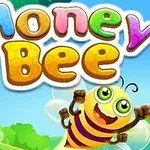 Fargerik tegneseriestil med en glad bie under teksten Honey Bee og et bikube på en grein i bakgrunnen