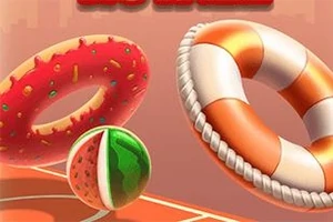 Oppblåsbare objekter i form av en smultring og en livbøye, med en vannmelon-lignende ball foran en oransje bakgrunn